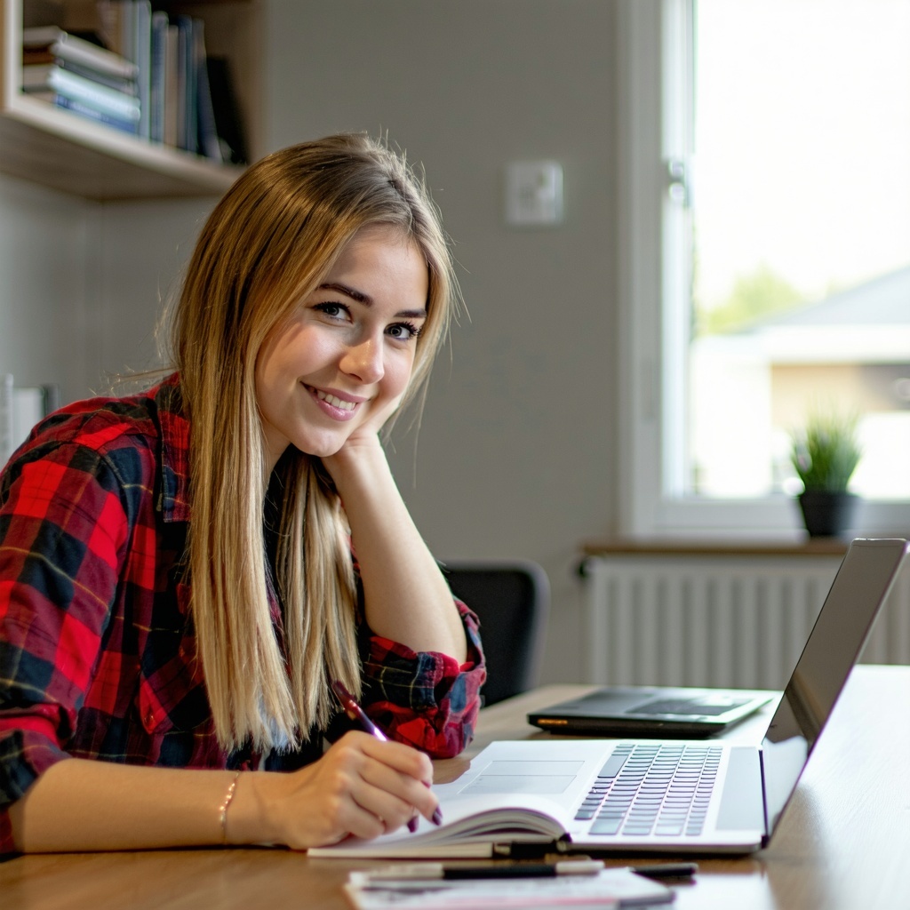 A high school woman gettibng tutoring online at home